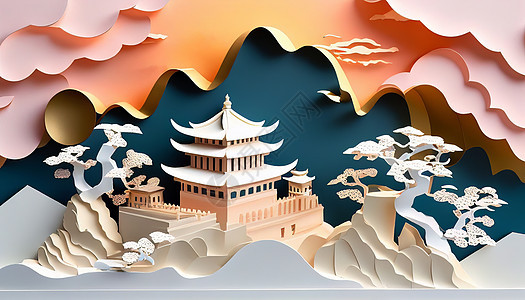 中国古风建筑与风景剪纸风背景图片