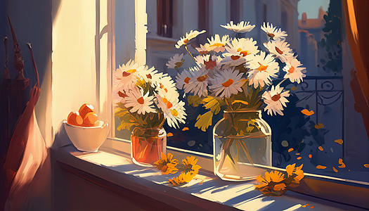 窗台上的小雏菊暖光油画图片