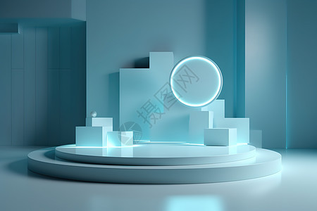 淡蓝色舞台灯光和圆形讲台背景图片