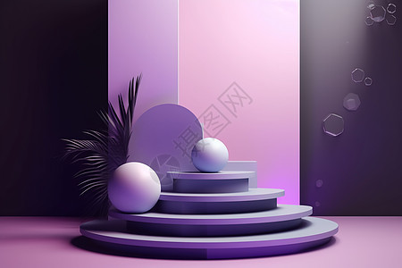 紫色多台阶讲台圆球绿植造型背景展示台图片