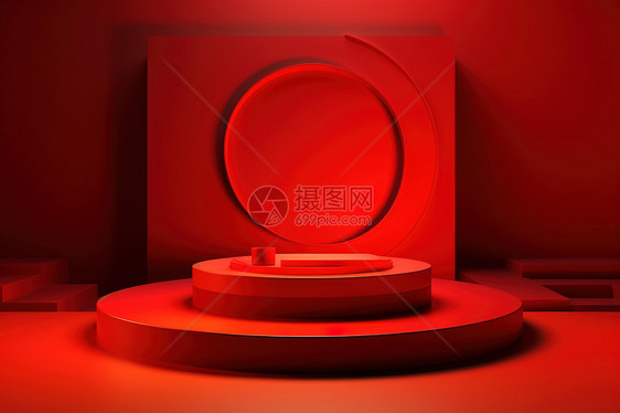 大气红色圆形造型讲台红色背景墙图片