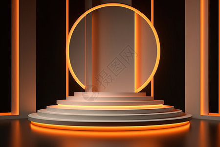 橙色灯带背景圆形镂空造型讲台背景图片