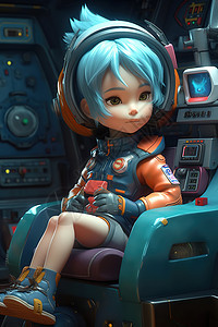3D蓝头发超级可爱的太空朋克女孩图片