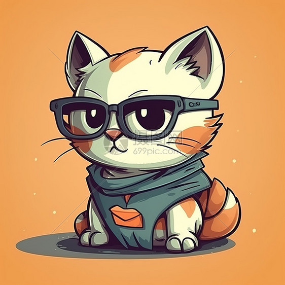 可爱卡通戴眼镜坐着的小猫图片