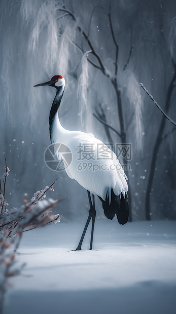 丹顶鹤站在雪地里图片