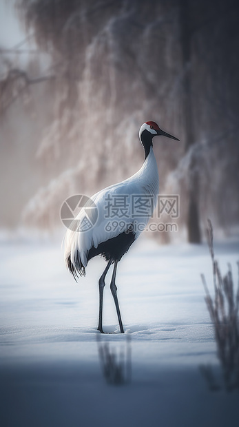 树下丹顶鹤站在雪地里图片