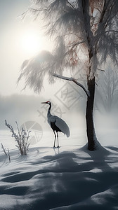 远景孤独的丹顶鹤站在雪地里图片