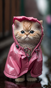 雨衣背景穿着粉色雨衣的小奶猫背景