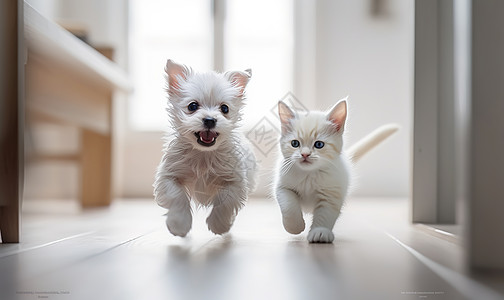 房间里白色的毛猫和小狗在奔跑图片