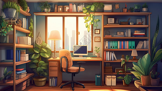 动漫风格书桌插画图片素材