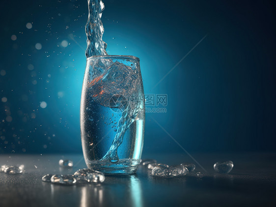 蓝色气泡汁倒入玻璃杯图片