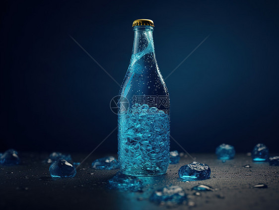 蓝色气泡汁和玻璃瓶子图片