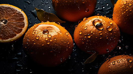 多个橙子和切开的橙子和水滴无缝背景近景图片