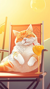 猫躺在椅子上晒太阳喝着果汁图片