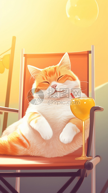 猫躺在椅子上晒太阳喝着果汁图片