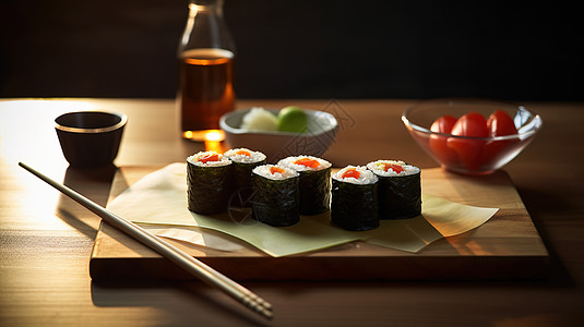 寿司广告寿司在木板上和酱油背景