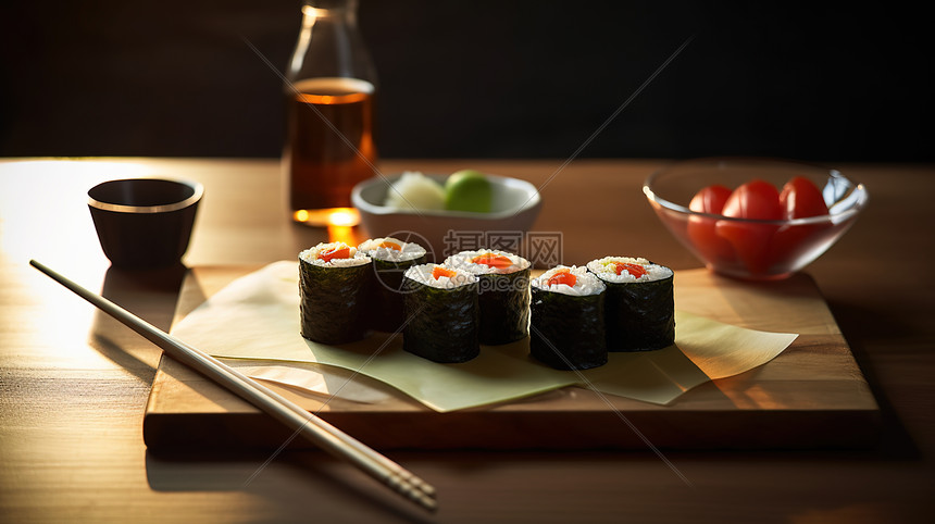 寿司在木板上和酱油图片