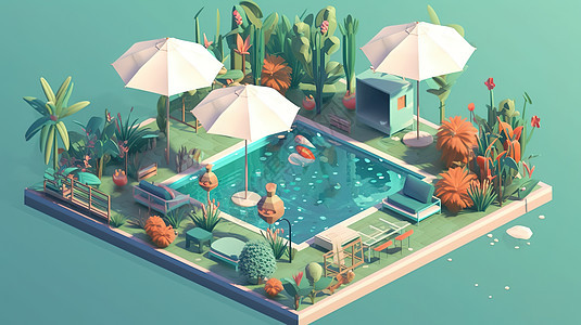 25D模型等距风格椰树泳池背景图片