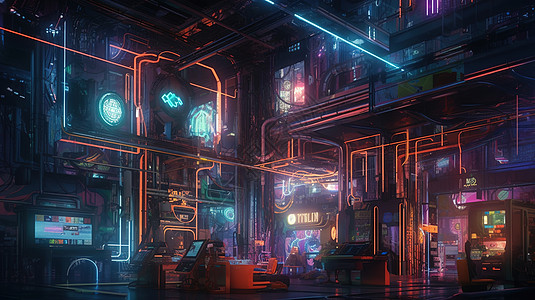 赛博朋克霓虹闪烁工厂图片素材