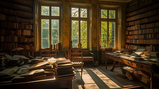 阳光照进满是书籍的房间图片