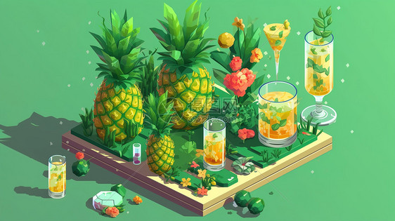 25D等距模型风格夏天菠萝水果饮品饮料图片