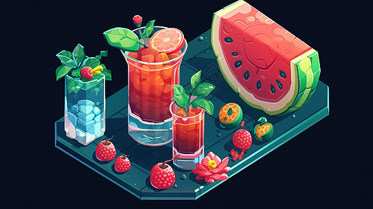 25D等距模型夏天西瓜水果饮品果汁饮料图片