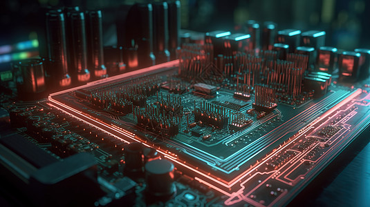 霓虹灯未来计算器CPU芯片和电路板图片