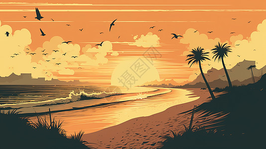 唯美日落沙滩背景图片