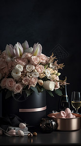 盛开的花朵旁有一瓶香槟图片