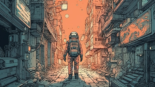 宇航员走在无人的城市高清图片