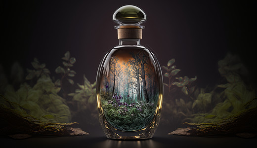 香水瓶植物与森林背景图片