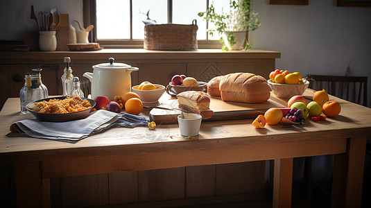 厨房桌子上的蔬菜和器物图片