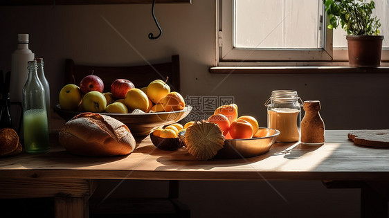 简约厨房桌子上的水果和面包图片
