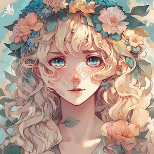 动漫背景,卷发动漫人物头像数字艺术插画