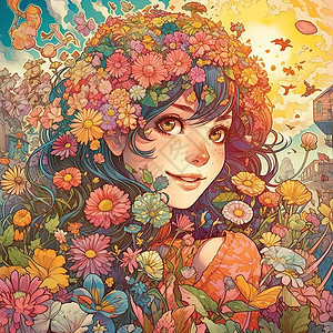花丛里的美女彩绘图背景图片