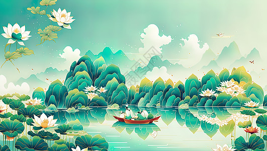 泛舟在荷花盛开的湖上背景图片