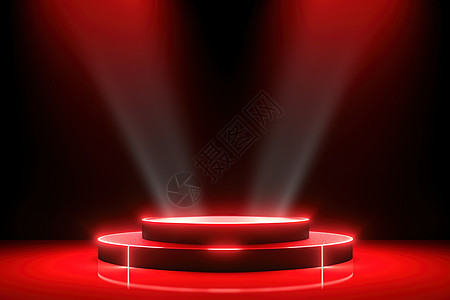 探照灯照亮了红色舞台背景图片