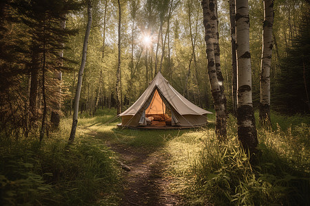 森林营地里的金字塔帐篷图片