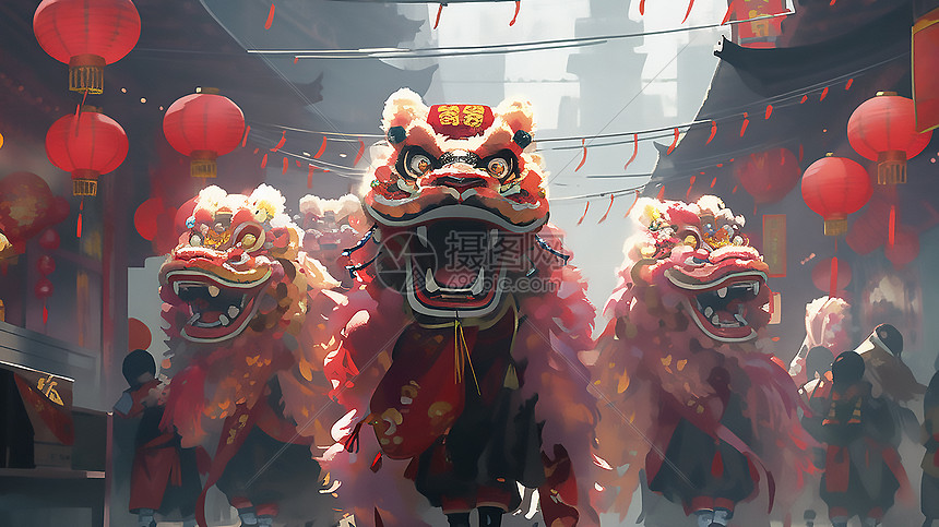 街头舞狮插画图片下载-正版图片402457401-摄图网