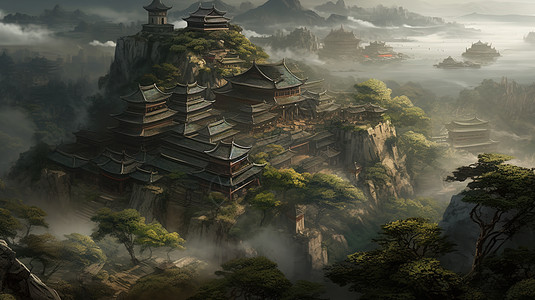 山顶的中国古代建筑图片