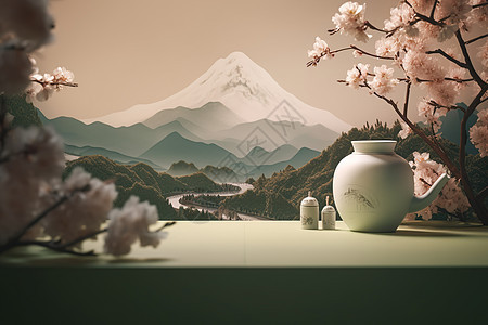 桃枝下的白色陶瓷茶壶图片