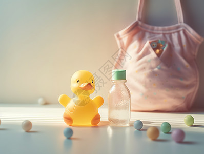 婴儿房地板上的奶瓶和玩具鸭图片