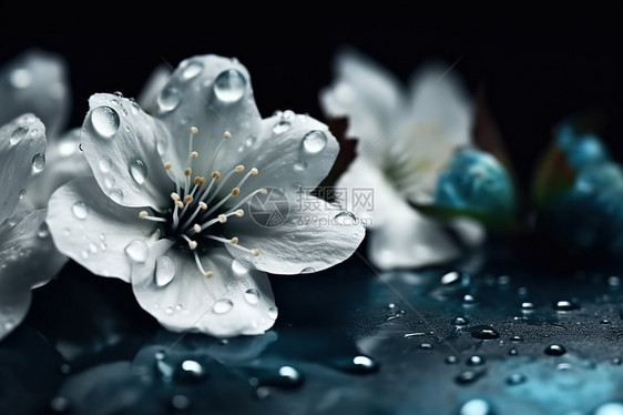 蓝色背景带着水滴的花朵图片