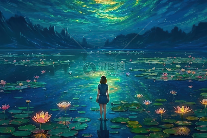 夜空中站在湖面里的人的背影图片