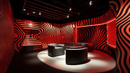 黑色沙发在红色条纹房间图片