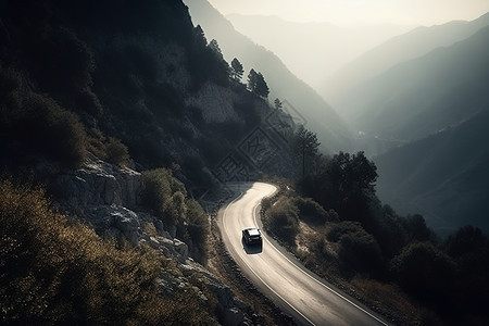 一辆汽车在一条蜿蜒陡峭的山路上行驶图片