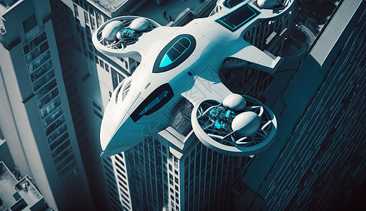 在城市中飞行的无人机俯视图图片