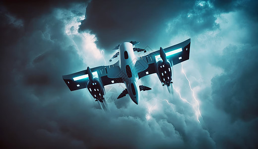 在暴风雨中飞行的科幻感无人机图片