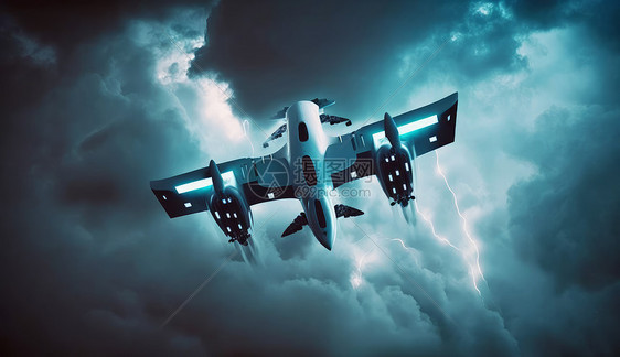 在暴风雨中飞行的科幻感无人机图片
