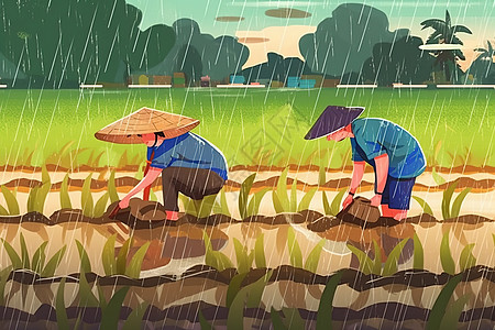 两个雨中的村民图片